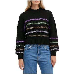 NVLT Rainbow Stripe Sweater Large Balloon Sleeve Cropped Boxy Wool Blend Anthro